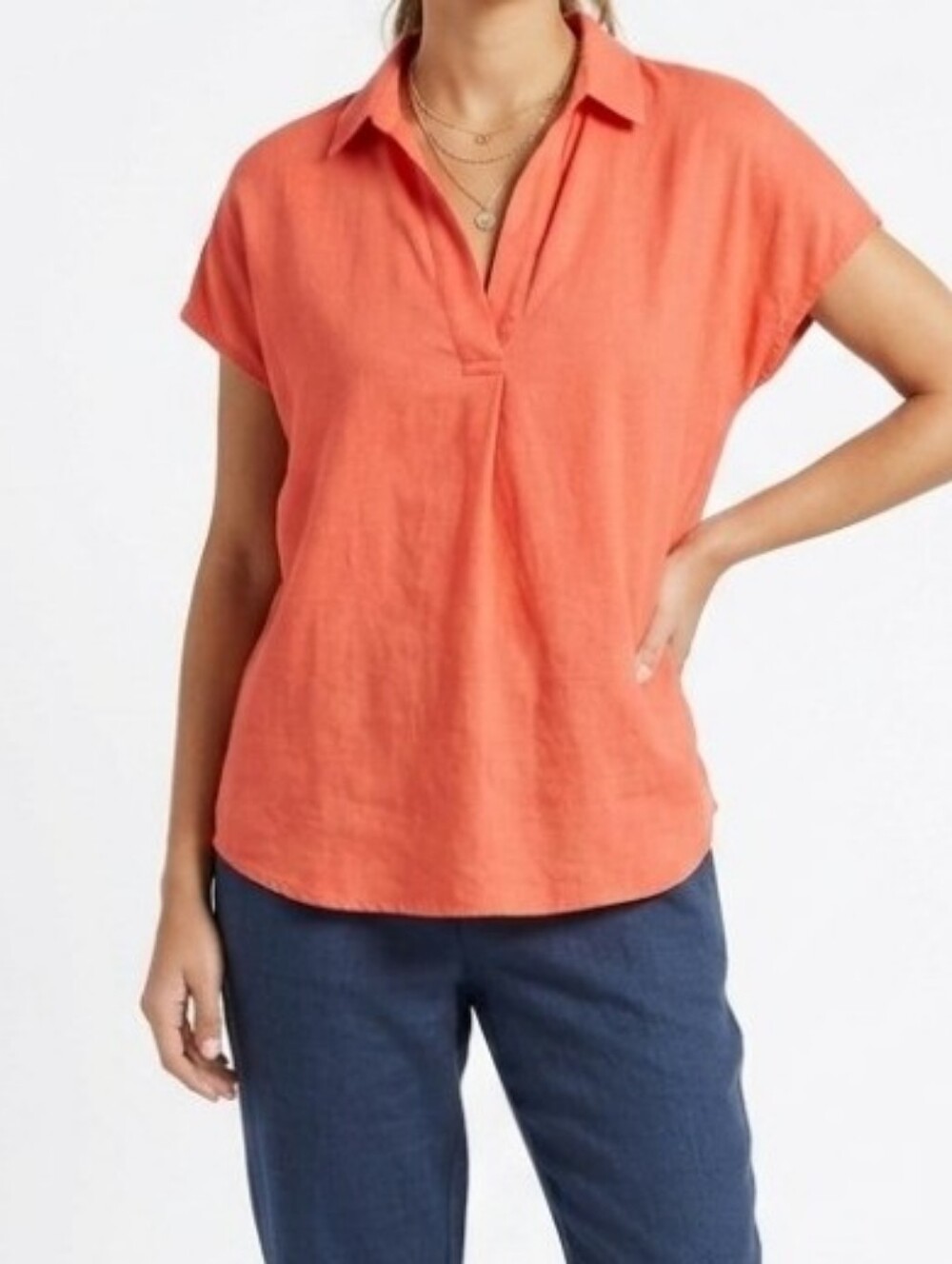 Banana Republic Women’s Linen Blend Coral Pink Short Sleeve V-Neck Blouse Top S